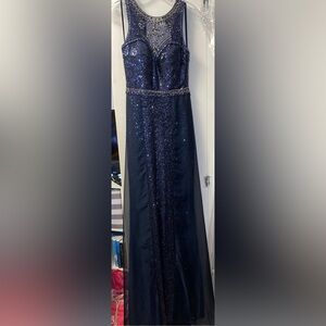 Bella Divine Blue Sequin Sleeveless Prom or Formal Dress